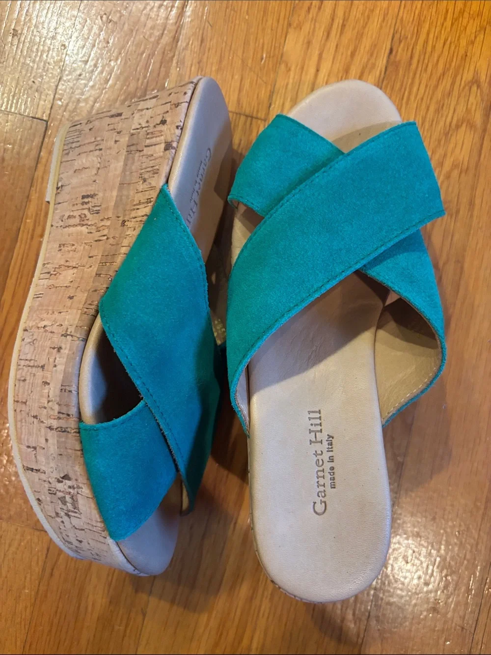 Garnet Hill Green Suede Crisscross Cork Wedge Slides Size 6 New